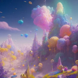 blue gold and violet landscape with multicolored crystals falling from the sky, full of details, smooth, bright sunshine，soft light atmosphere, light effect，vaporwave colorful, concept art, smooth, extremely sharp detail, finely tuned detail, ultra high definition, 8 k, unreal engine 5, ultra sharp focus