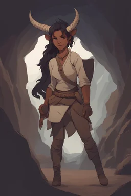 Dnd character with a tail and horns in a dark cave. A female Tiefling archeologist with very short hair and a tail an horns.