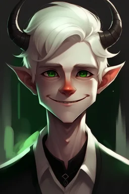 Male, solo; petite, little, short stature, baby face, short hair, white hair, antenna hair, smirk, v-shaped_eyebrows, green eyes, black skin, thick_eyebrows, grin, round face, black devil horns give him black skin