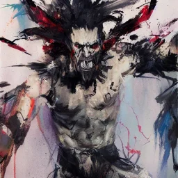 Fullbody portrait of an abstract angelic demon looking at a mirror, colorful charcoal painting, by yoji shinkawa on lsd, erratic brush strokes, sense of dread and death and blood, greg rutkowski, rough