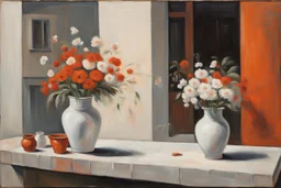 An oil painting depicts an indoor scene. On the left side of the picture is a white vase with white and red flowers in it. Below the vase seems to be a table or a counter. On the right side of the background is part of a building, showing orange and gray tones, with clothes hanging out to dry on the building. The whole picture is rich in color, with rough brushwork, giving a warm and vivid feeling.