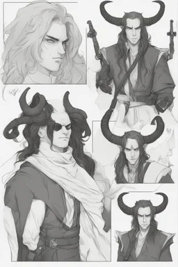 A dnd character sheet, a tiefling man with long hair and long black horns, white eyes and pale skin. Handsome.