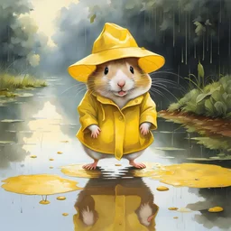 adorable anthropomorphic Hamster on hind legs with a floppy yellow rain hat and yellow galoshes peering at her (hamster reflection in a puddle:1.5) after a rainstorm, amazing perfect reflection, reflective, artistic, by Michael Sowa and Norman Rockwell, dramatic, natural lighting, watercolor illustration, concept art