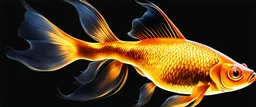 ultra high image quality, Close-up of a goldfish resembling liquid gold, fins rippling like molten metal, set against AMOLED-worthy pure black backdrop, fantasy art style infused with a golden filter, tailored for vertical wallpaper, exclusive design with no duplicates, radiating beauty suitable for a PC screen image, vivid colors, ultra fine, digital painting.