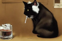 childrens book illustration, macskássy izolda, a frightened looking black and white cat with a cigarette in his mouth, a glass of whiskey in his hand, looking just at us in a smoky pub, van eyck, painted on rough canvas with exaggerated lines, sharp brushstrokes, dripping, plastic paint watercolor and ink, oil on canvas jean baptiste monge