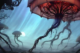 Alien forest with an umbrella made from a jellyfish, photorealistic, Detailed Matte Painting, Deep Colour, Fantastical, Intricate Detail, sunshine, blue sky