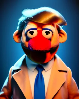 Waist up Portrait, Donald trump muppet, Sesame Street style, retro style, photo studio, blue background, unreal engine 5, god lights, ray tracing, RTX, lumen lighting, ultra detail, volumetric lighting, 3d.