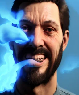 Realistic image, waist up view, a guy making the fuck you gesture with his hand, blue smoke coming out of his eyes, nose and mouth. Happy, smile, soft color, highly detailed, unreal engine 5, ray tracing, RTX, lumen lighting, ultra detail, volumetric lighting, 3d, finely drawn, high definition, high resolution.