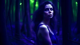 beautiful woman in a dark forest, sleeveless, purple hue, romantic, desperate