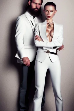 BDSM style, 8K, a Highly detailed portrait of a Dom man holding a kneeling submissive woman leash, white suit, beard, and short hair, bad boy