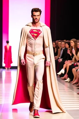 A guy on a fashion runway with Superman elegant Clothes in neutral colors