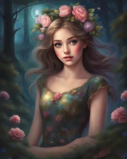 Painting of a beautiful girl, beautiful, haunted forest, flowers on her head, glitter dress, young girl, digital painting, fantasy art, pretty face, inspired by Thomas Kinkade, anime portrait, barbie face, big eyes, bright eyes, dream, trees, forest background, dark night, song, glitters background, fantasy, high quality, 8k