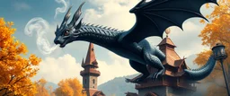 portrait of a shiny black dragon squirrel in autumn, flying above wooden castle, breathing smoke