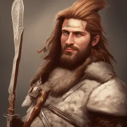 Portrait of Gradwulf the barbarian warrior in art deco style. He is an unattractive man in his 30s with battlescars across his face. He wields a two-handed battle-axe.