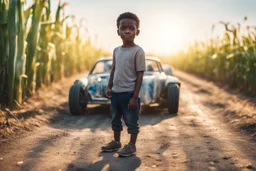 a little black boy standing happily next to a plastic bottle car made of several plastic bottles on a dirty road next to a corn field in sunshine, ethereal, cinematic postprocessing, bokeh, dof