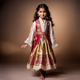 full body 7years old girl ,simple background, full body of very pretty little girl in azeri dance wearing A underdress or shirt, often made of silk,A fitted, often velvet or brocade, jacket worn over the shirt.Wide, bell-shaped skirts are worn, often long and layered to create beautiful movements while dancing, with a long lace scarf at back of her head ,with pretty shoes,in T pose looking at camera.