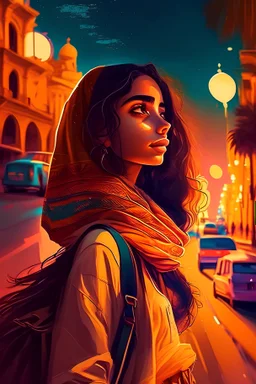 A beautiful girl who loves to travel, from Egypt, travels to Berlin, warm summer colors, a bag of night roads