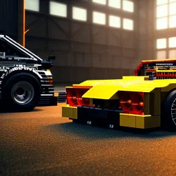 volumetric warehouse environment with car built with legos, bumper, headlights, fullscreen