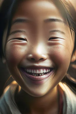 portrait of an asian girl 11 years old, smiling, cinematic photography, epic angle, hyper-realistic