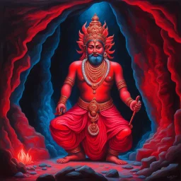 An oil painting of Hindu god YAMA in a cave, neon red colors, high detail, dark vibe