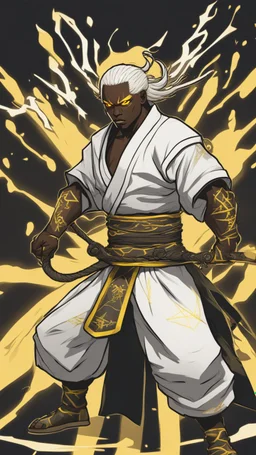 A black-skinned martial arts warrior with white hair and yellow glowing eyes With a line tattoo all over his body.