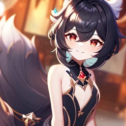 Clear focus,High resolution, black short fluffy hair, long fluffy bangs, and red eyes, Depressed girl, wearing a genshin impact outfit,slight revealing outfit, Smug smile, half closed eyes, smile, full body, Extreme close up, smiling, eyes close