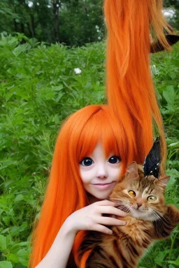 very cute anime cat with long orange hair catching a butterfly