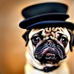 a single pug puppy wearing a black tophat