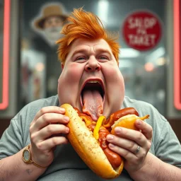 fat man with red hair eating a big hot dog, realistic photo, big mouth open, "Karlsson på taket" vibes