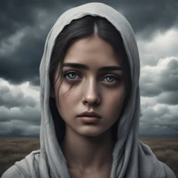 Hyper Realistic Sad young-Pushto-women-showing-tears-in-her-eyes with cloudy sky & dramatic ambiance