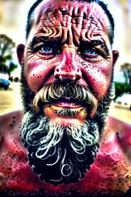 close up photography, dirty burly chubby Italian strong 48 years old homeless man, full of splashing milk in the face dripping on the beard, with dirty tank top, emotional eyes, manly chest, photo, Canon EOS, lens 35mm, natural lights, 8K, in the morning