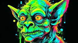 retrato en primer plano de Goblin Piel animal neón fantástica Peinado de entidad celestial Fondo de manchas acuosas abstractas Serigrafía