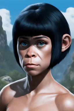 full body - Horror of the Planet of the Apes - black hair, Deep Blue Eyes - head and shoulders portrait - Lenna, part chimpanzee, part human, short, bowl-cut, straight black hair, the bangs cut straight across the forehead, she resembles a Zira from the Planet of the Apes, and she resembles Spock - Mountains, blue skies, clouds, red roses, blue roses, yellow roses, honeysuckle roses, carnations, lilacs, oil painting by Frank Frazetta