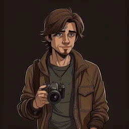 Brownhaired man with a scar on his face nice casual 90s clothes and a camera grimdark realistic art