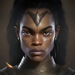 portrait of black female warrior princess with black hair dark brown eyes and pointed ears