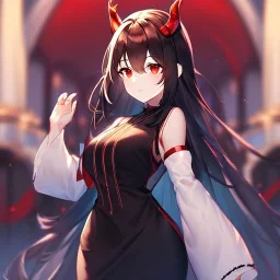 Clear focus,High resolution, Black sleeveless fluffy Shirt, Black short skirt with Red under it, Cut sleeves that are Black, Standing still, Black long hair, Red eyes, Red horns