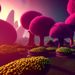 scifi landscape, lighting plants, flovers, another planet in sky, aliens on background, beautiful, attractive, carnivore, deep colours, 8k resolution, dynamic lighting, ultra hyperdetailed, intricately detailed, Unreal Engine 5