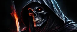 ultra high image quality, hell infused Grim Reaper Close-up of an set against AMOLED-worthy pure black backdrop, fantasy art style infused with filter, tailored for vertical wallpaper, exclusive design with no duplicates, radiating beauty suitable for a PC screen image, vivid colors, ultra fine, digital painting.