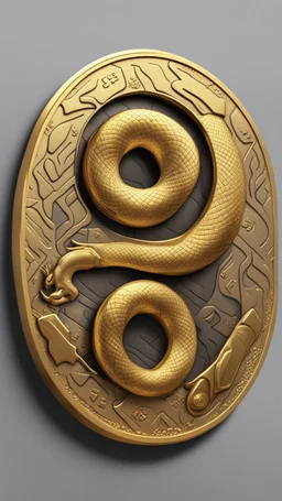 a smooth 3d game graphics circular shaped golden coin with a full body relief print of snake gun