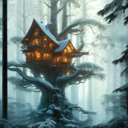 stunning, beautiful treehouse in winter, massive tree, forest, mist, rays of sun, 8k resolution, fine detail, dynamic lighting, fantasy, illustrative, detailed matte painting, sharp focus, greg rutowsky and alphonso mucha