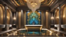 a big stunning fractal illustration with stepwise metalic colors on the wall in the luxury bath, hyperdetailed , natur lighting, intricate detailed, high focus, cinematic, stunning, photorealistic