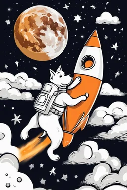 white and orange dog flies to the moon top of the a rocket