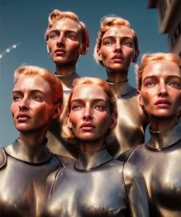 Ultra Realistic retro sci-fi movie scene, 1960 year, waist up view portrait, 3 clones blonde women, sweet young uma Thurman face, perfect iris, glow eyes, face makeup. Mars and martians background, Retro sci-fi style, helmet, tight latex coat, fog, rain, soft color, highly detailed, unreal engine 5, ray tracing, RTX, lumen lighting, ultra detail, volumetric lighting, 3d, finely drawn, high definition, high resolution.