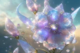 one big crystal subtle flower in a galactic ambiance of the sky, transparent petals, delicate colors, in the foreground, with a little beautiful fairy, full of details, smooth, bright sunshine，soft light atmosphere, light effect，vaporwave colorful, concept art, smooth, extremely sharp detail, finely tuned detail, ultra high definition, 8 k, unreal engine 5, ultra sharp focus