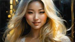 In Casey Baugh's evocative style, art of a gorgeous young smiling asian girl with long blonde hair, beautiful breast, and ass, futuristic, lace, elegant, highly detailed, majestic, Baugh's brushwork infuses the painting with a unique combination of realism and abstraction, greg rutkowski, surreal gold filigree, broken glass, (masterpiece, sidelighting, finely detailed beautiful eyes: 1.2), hdr, realistic painting, natural skin, textured skin, closed mouth, crystal eyes, butterfly filigree