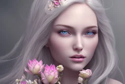 femme long cheveux blond blancs yeux bleus , 8k resolution, flower magnolia lotus rose, beautiful portrait, 8k resolution, flower head and body, beautiful