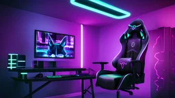 Dark purple and black gaming room with neon lights, gaming chair and PC with RGBs, realistic style, black cat sitting on the chair