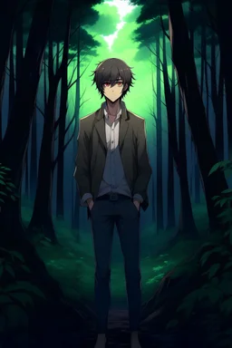 A anime handsome man standing in a dark forest