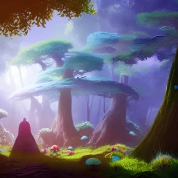 Sacred forest on an alien planet, giant blue trees, cute mushrooms, glowing flowers, bright sun through trees, little hobbit house, highly detailed, artstation, concept art, smooth, sharp focus, illustration, 8k