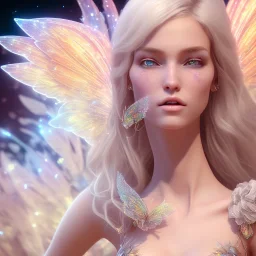 beautiful blonde fairy in a galactic ambiance, transparent wings, delicate colors, finely tuned detail, ultra high definition, 8 k, unreal engine 5, ultra sharp focus